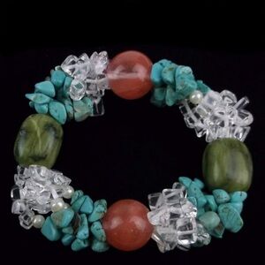Vintage Turquoise Gaspeite Crystal Thick Stretch Statement Bracelet